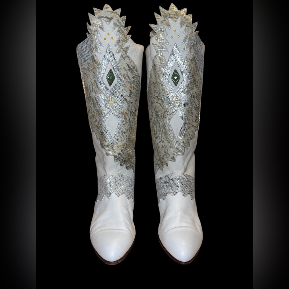 🌟 RARE Vintage Neiman Marcus White Western Tall Leather Boots Metallic sz 37.5 🌟 - Picture 4 of 13